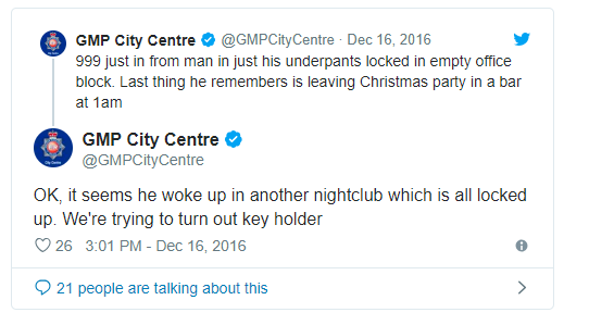 Twitter screenshot of GMP tweet about worker getting locked in office